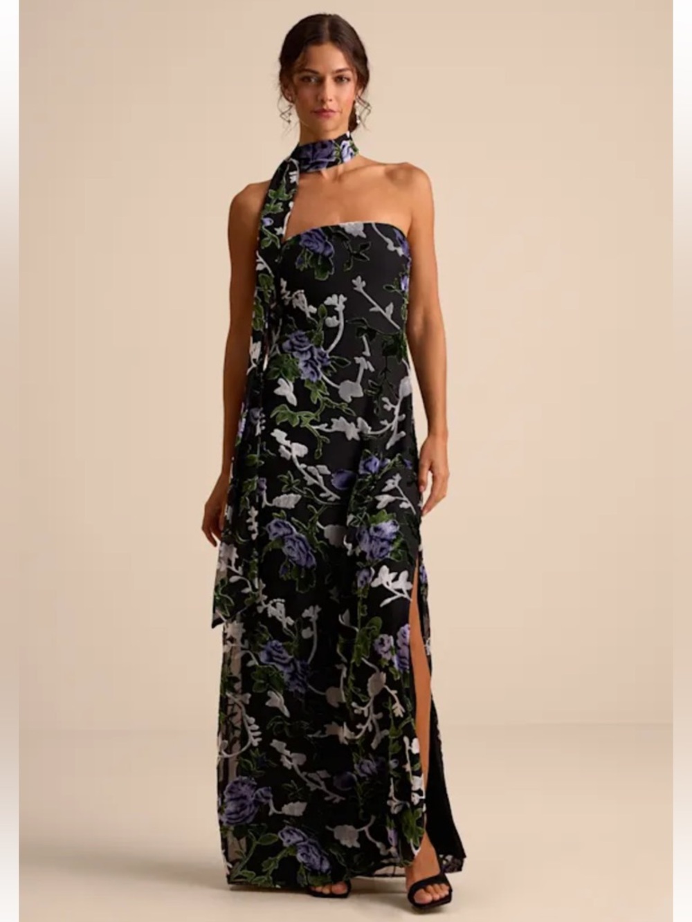 Lulu's NWT Corelia Black Velvet Burnout Strapless Floral Maxi Dress w Sash